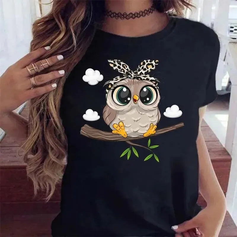 Cartoon Owl Print Women’s T-Shirt – Kawaii Graphic, Casual Black O-Neck Tee