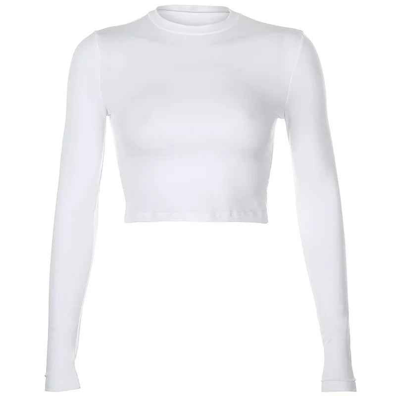 Solid Basic Long Sleeve Women's T-Shirt – Casual Black & White Fashion Crop Top