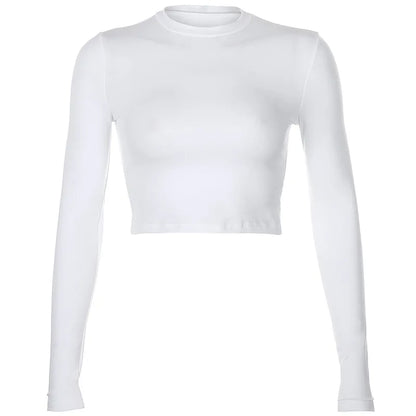 Solid Basic Long Sleeve Women's T-Shirt – Casual Black & White Fashion Crop Top